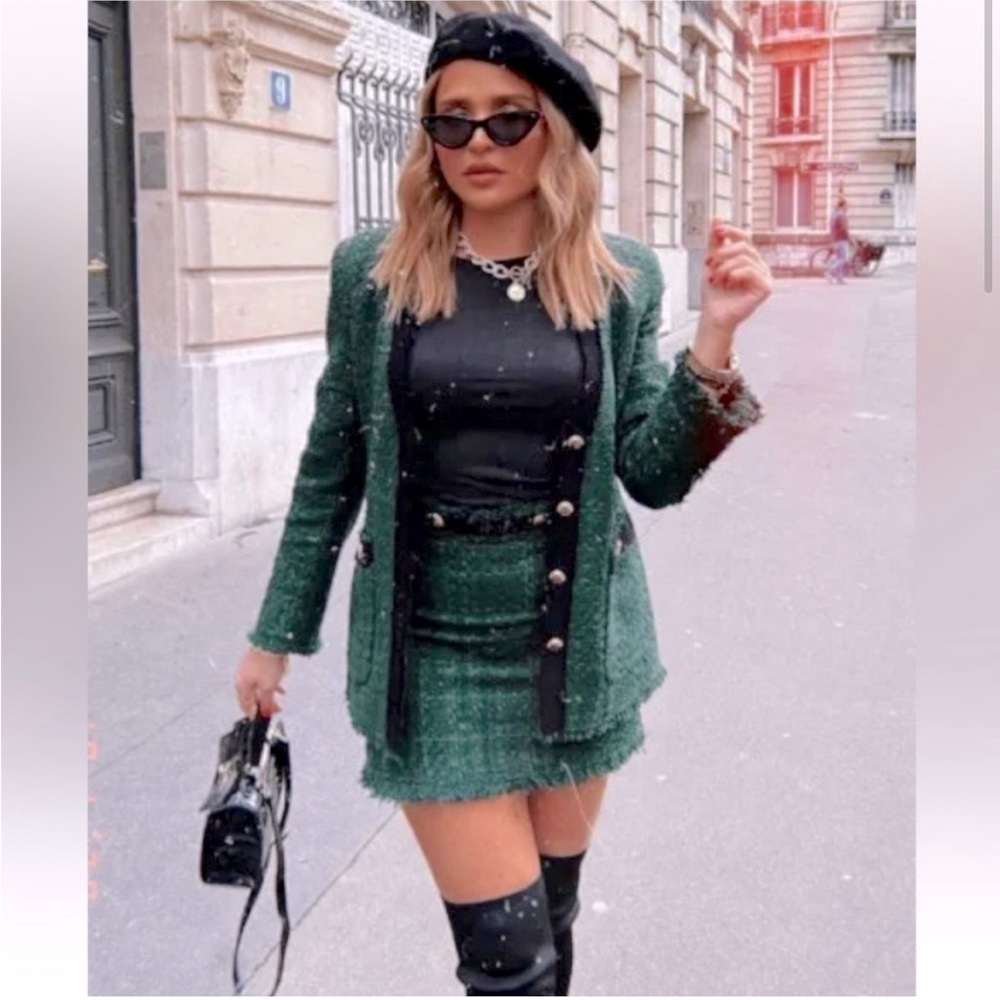 ZARA DARK GREEN TWEED BLACK AND GOLD SKIRT